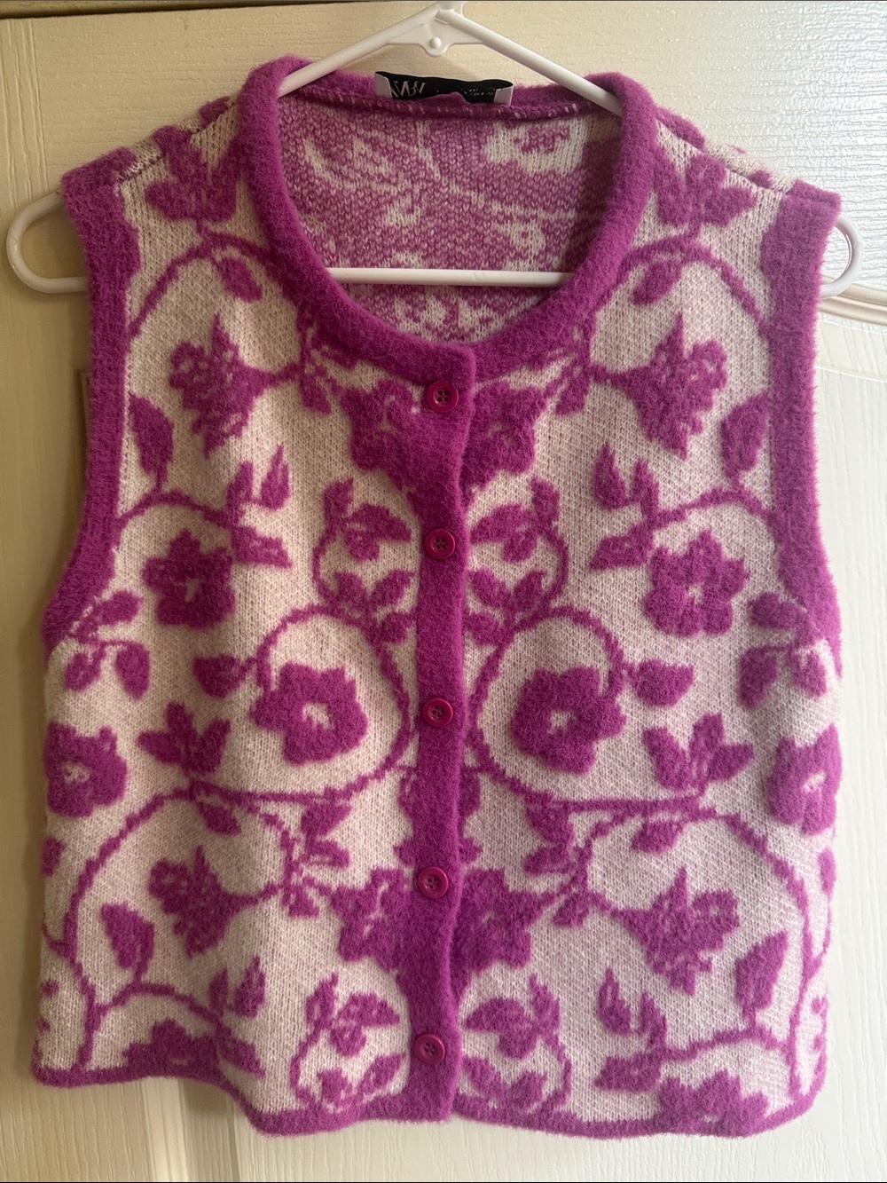 Zara Pink & Cream Floral Knit Button Vest